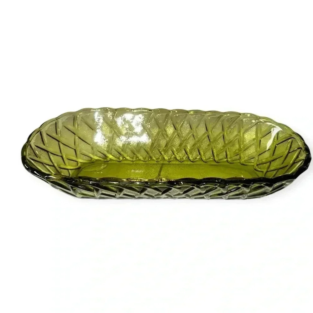 Vintage Green Glass Serving Dish – Long Textured Oval Bowl, Retro Tableware